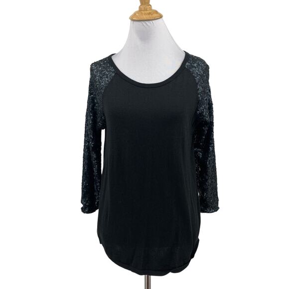 Tommy Bahama Shirt Womens S Small Black Raglan Sequin Quarter Sleeve Scoop Neck - Picture 1 of 10